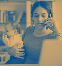 Heritage yellow serious adult woman with baby and phone iStock 1220412076